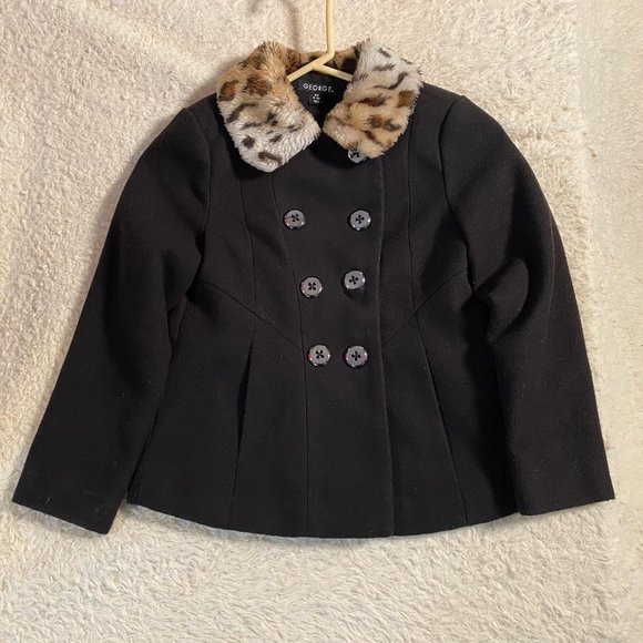 Kids Black Pea coat Jacket with animal print Collar - Picture 1 of 5